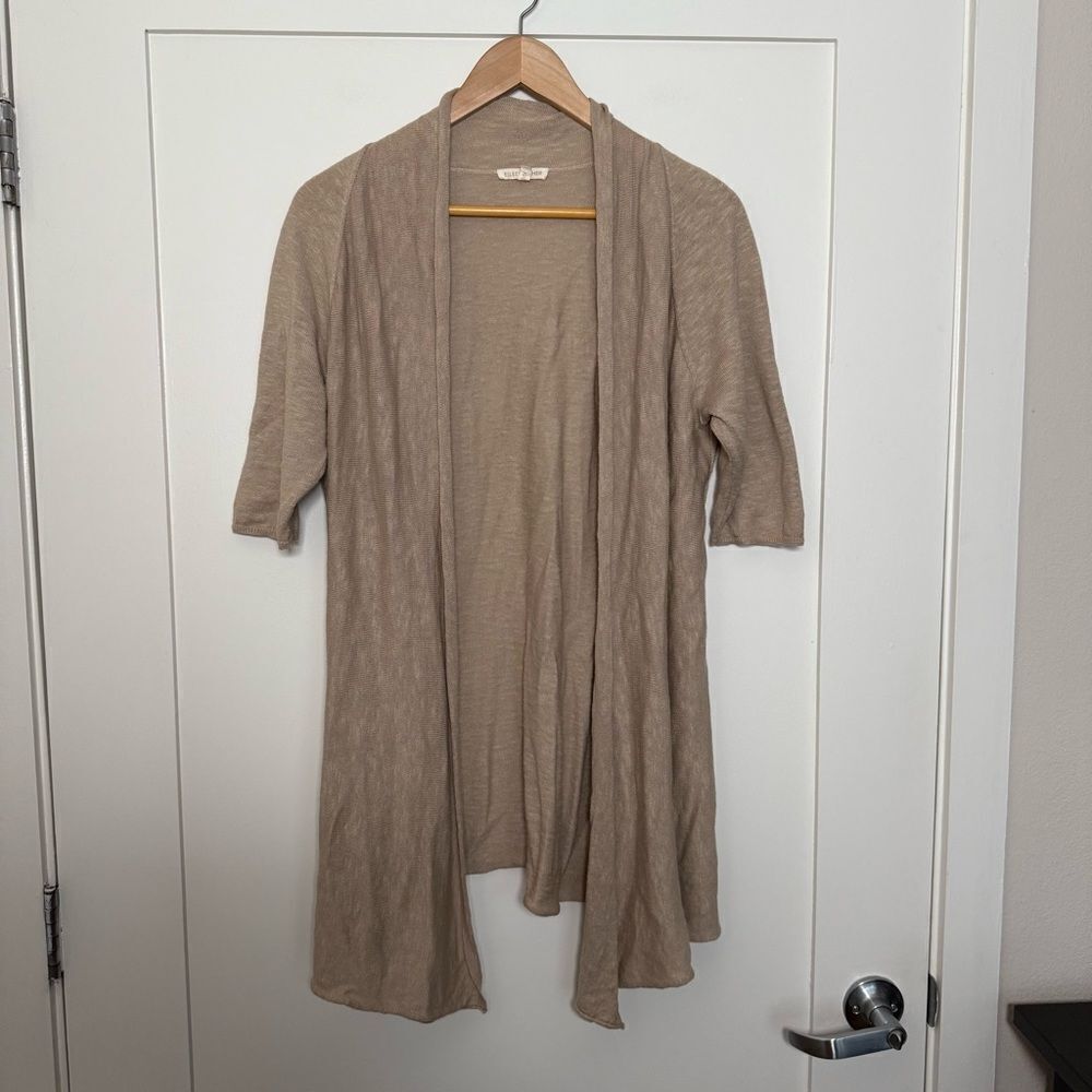 Eileen Fisher Open Cardigan Womens Sz M Tan Knit Short Sleeve Linen Blend Beach
